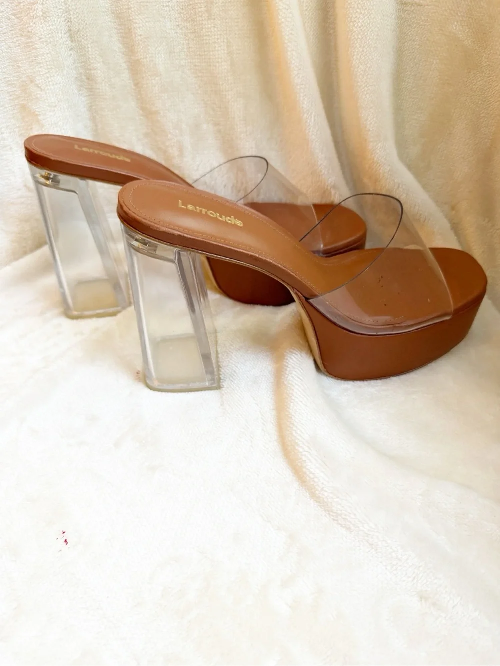 NWOT Larroude Dolly Lucite Platform Mule Clear and Carmel